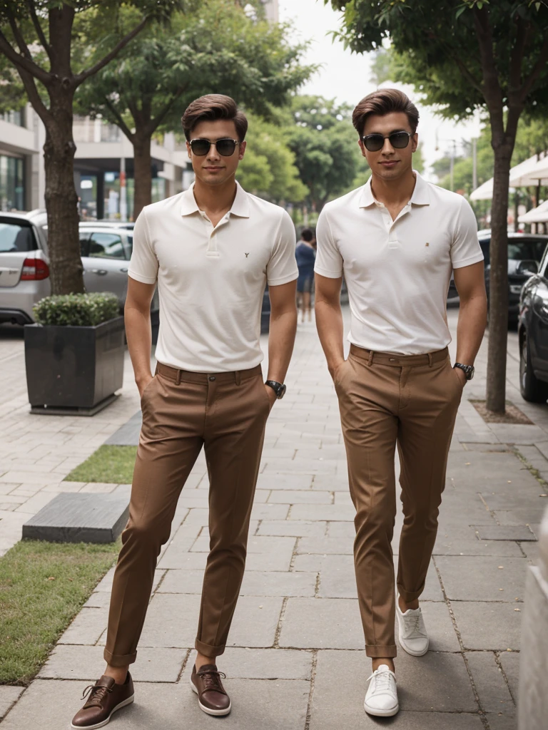 A young and modern man, wearing a fitted neutral-colored polo shirt and elegant chino pants, paired with casual leather shoes. He is in a relaxed yet stylish setting, such as a chic café or a well-maintained urban park. He is accessorized with stylish sunglasses and a modern watch. His posture is relaxed but confident, with a slight smile. The image should convey a successful and laid-back lifestyle.