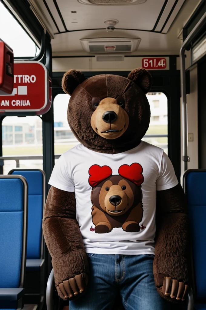 Humanoid animatronic bear taking a photo on a bus wearing a t-shirt that says I love Peru