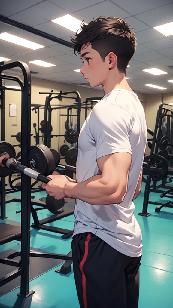 A boy cleaning the gym in gym clothes