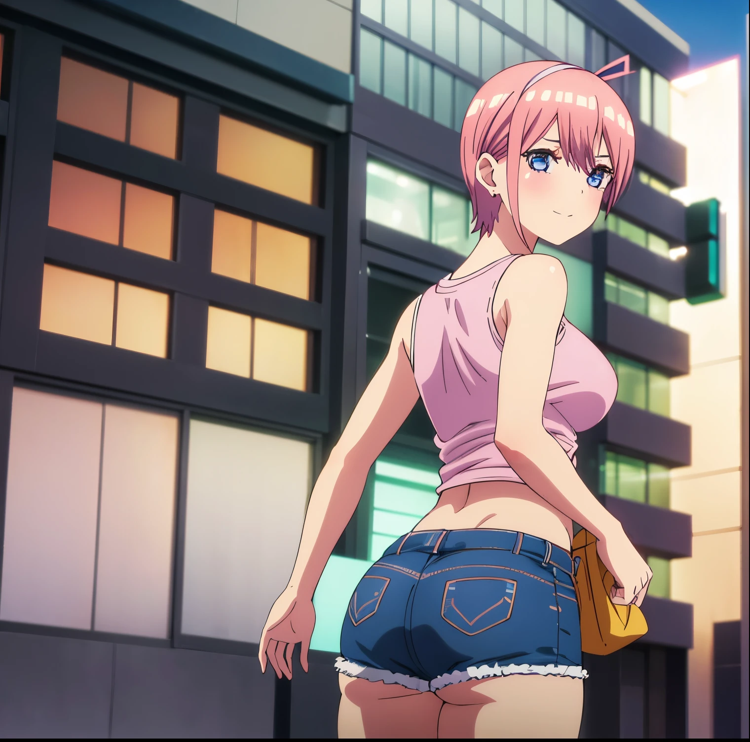 1 girl,solo,ichika nakano,short hair,salmon pink hair,blue eyes,smooth light skin,detailed eyes,looking at viewer,pink hair,earrings,standing,underwear,shorts,panties,breasts,open fly , ribbon, navel, hair band, big breasts, camisole, opaque yellow camisole, cleavage, smile, bowknot panties, two sides up, midriff, unbuttoned, shorts, open shorts, denim, unbuttoned, ,sexy body, curvy body, dynamic pose, bag, bangs, high quality, big breasts, medium waist, wide hips, medium thighs, outdoors, japanese style city, shibuya, street, (1girl), (solo), de foot, best quality, ultra detailed, masterpiece, looking back, from behind, ((focus on ass)), (round butt) point of view (from below), perfect anatomy, perfect hands