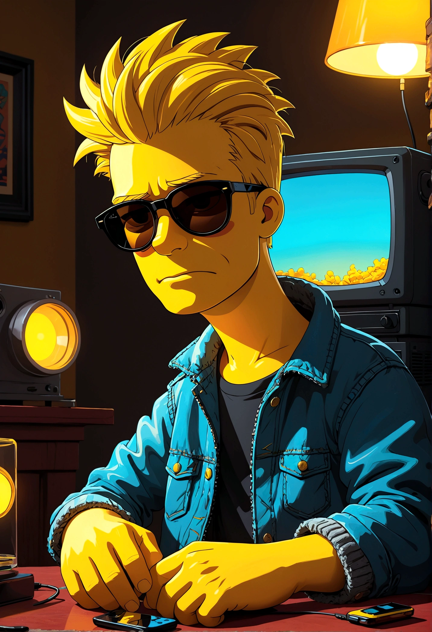 1boy, Bart Simpson, black sunglasses, ink style, Light-electric style, flat, cozy animation scenes, dynamic pose, best quality, masterpiece, very aesthetic, perfect composition, intricate details, ultra-detailed