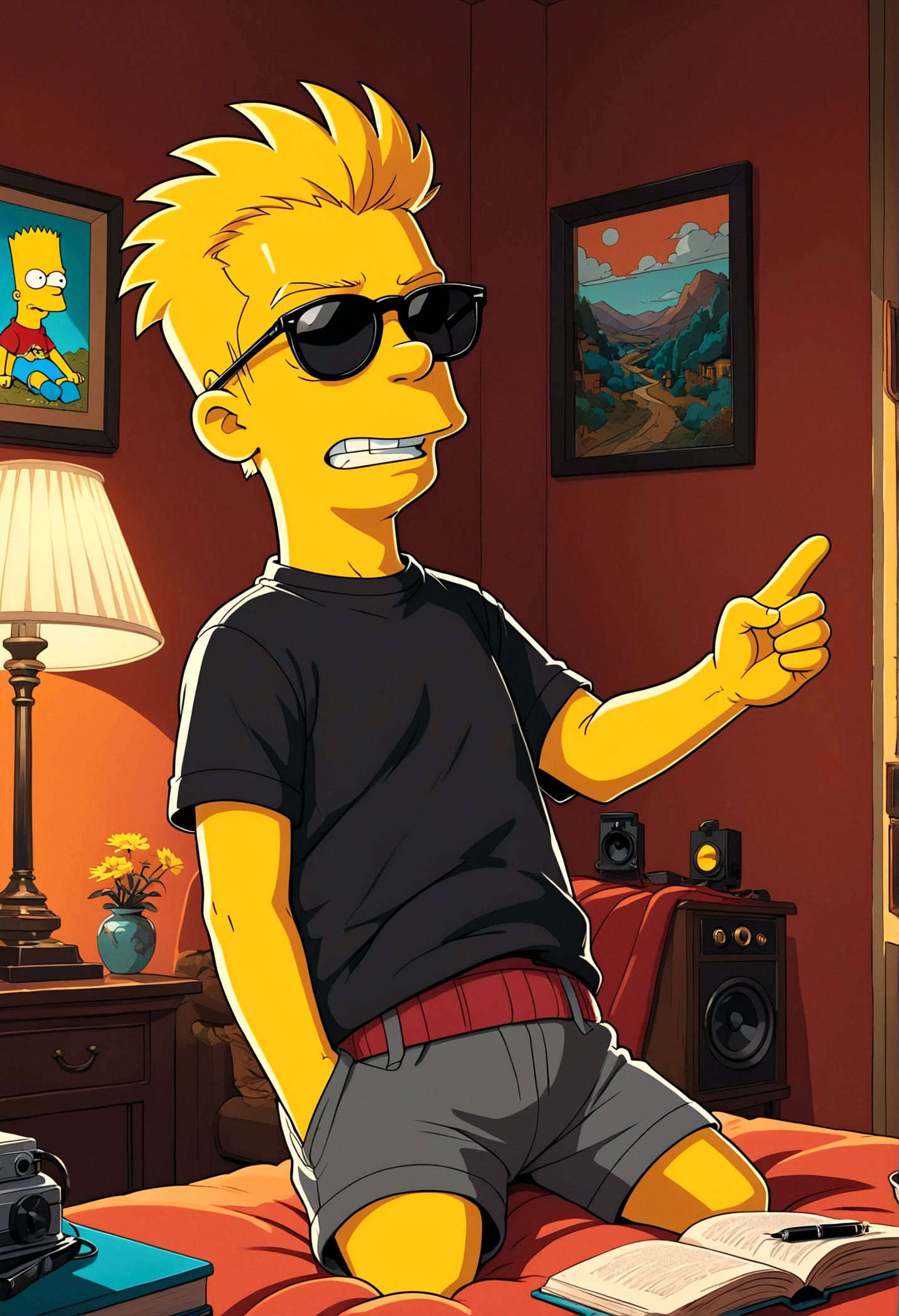 1boy, Bart Simpson, black sunglasses, ink style, Light-electric style, flat, cozy animation scenes, dynamic pose, best quality, masterpiece, very aesthetic, perfect composition, intricate details, ultra-detailed