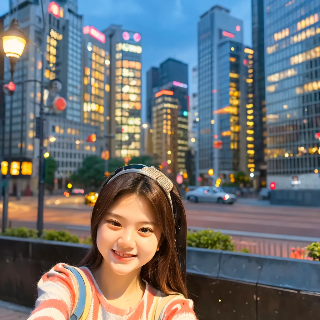 A girl taking a selfie with a cheerful smile on her face, the background showing a vibrant cityscape with tall buildings and glowing streetlights