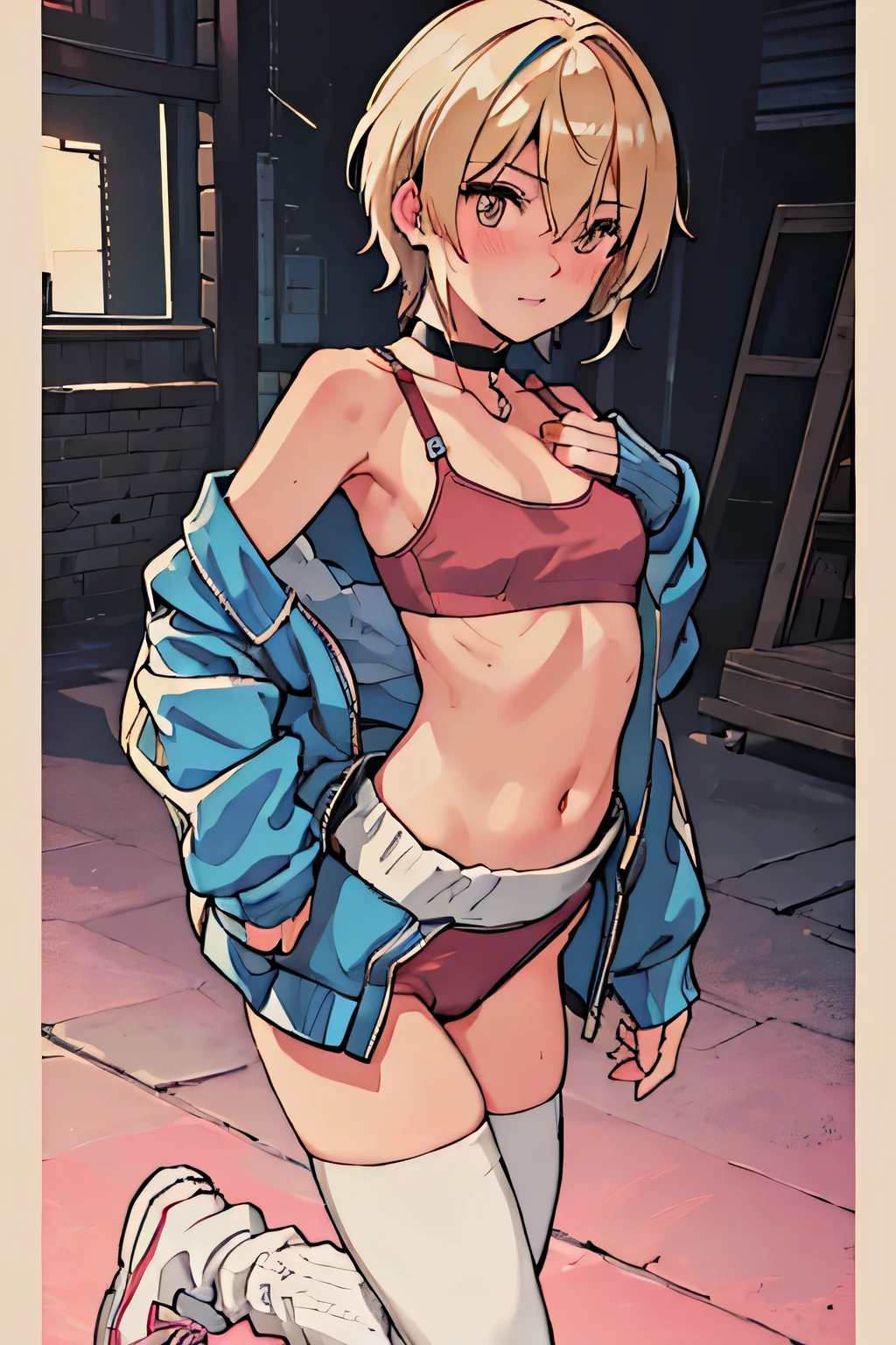 best quality,ultra-detailed,((background:outside street1,8)),(walking in the street),(cowboy shot),((one boy)),((fem boy)),((trap)),((bulge)),black-choker,((blonde short hair)),((man’s face1,8)),((dress up as a woman)),((blush)),((flustred)),((poor chest)),((flat chest)),(sports bra),(short length leggings),(loose-socks),(sneakers),vibrant colors,soft lighting,