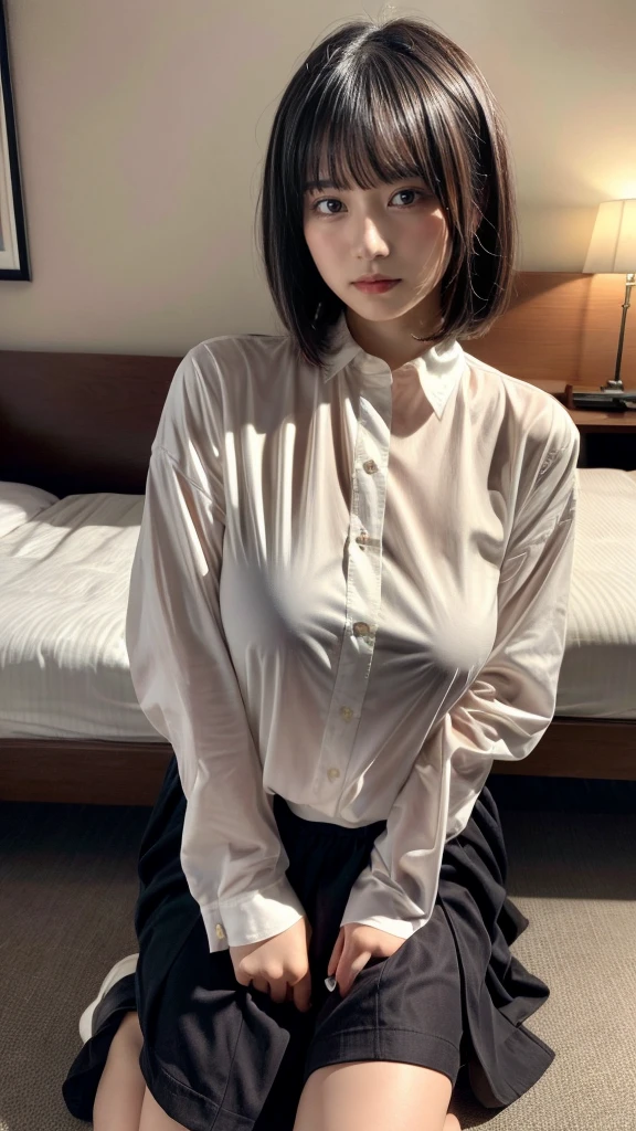 masterpiece, best quality, illustration, Super detailed, fine details, High resolution, 8K,wall paper, perfect dynamic composition,(Details High quality, realistic depiction of eyes:1.3), short bob hair,  (Oversized_Shirt:1.2)、Oversized_Shirt, ((facing viewer)), hotel room, Layered Cut, black hair color, Big Natural Color Lip, sexy pose, crying a little、Harajuku style、20 year old girl、cute type、lolita, hposing Gravure Idol, full body photo, huge breasts