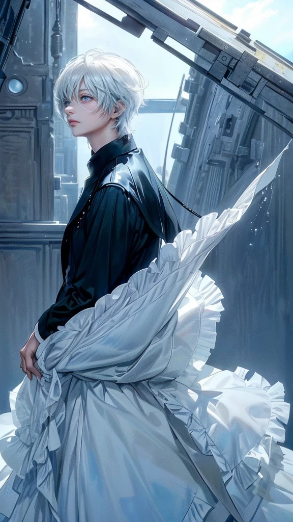 Tears dripping on the cheeks ((4K works))、masterpiece、(top-quality)、One beautiful boy、Slim body、tall、((Black Y-shirt and white pants、Charming British knight style))、Please wear one jacket、(Detailed beautiful eyes)、((Face similar to Carly Rae Jepsen))、((Middle-haired white hair))、((Smaller face))、((Neutral face))、((Bright blue eyes))、((American adult male))、((Adult male 26 years old))、((Cool Men))、((Like a celebrity))、((Crying expression))、((sad look))、((Korean Makeup))、((elongated and sharp eyes))、((Happy dating))、((boyish))、((Upper body photography))、Professional Photo、((Shot alone))、((She is looking up at the sky under the roof))、((Shot from the side))、((Crying profile))、((Face crying in pain))、((He is looking downwards))、eye pad,((His eyes are looking down))、((He stands next to the viewer))、((He who cries))、I'm crying on a stick.、Man crying while standing、Solitude、saddened、desolate、suffocating、heartbreaking、auw、