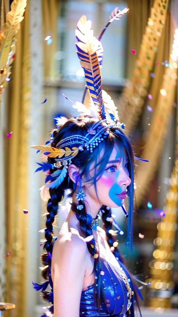 1girl, solo, headdress, long_hair, feathers, jewelry, blue_hair, gem, red_background, lips, hair_ornament, profile, braid, portrait, watermark, from_side, looking_away, feather_hair_ornament