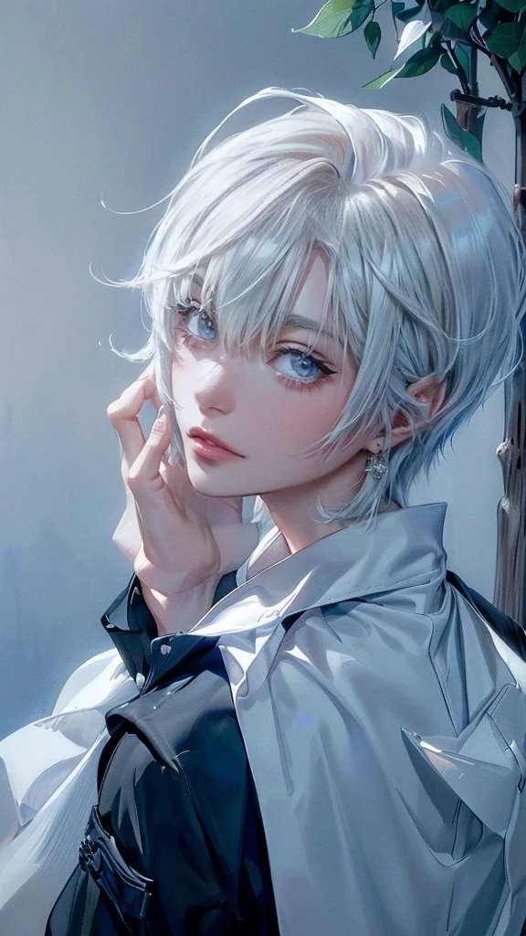 Tears dripping on the cheeks ((4K works))、​masterpiece、(top-quality)、One beautiful boy、Slim body、tall、((Black Y-shirt and white pants、Charming British knight style))、Please wear one jacket、(Detailed beautiful eyes)、((Face similar to Carly Rae Jepsen))、((Middle-haired white hair))、((Smaller face))、((Neutral face))、((Bright blue eyes))、((American adult male))、((Adult male 26 years old))、((Cool Men))、((Like a celebrity))、((Crying expression))、((sad look))、((Korean Makeup))、((elongated and sharp eyes))、((Happy dating))、((boyish))、((Upper body photography))、Professional Photo、((Shot alone))、((She is looking up at the sky under the roof))、((Shot from the side))、((Crying profile))、((Face crying in pain))、((He is looking downwards))、eye pad,((His eyes are looking down))、((He stands next to the viewer))、((He who cries))、I'm crying on a stick.、Man crying while standing、Solitude、saddened、desolate、suffocating、heartbreaking、auw、