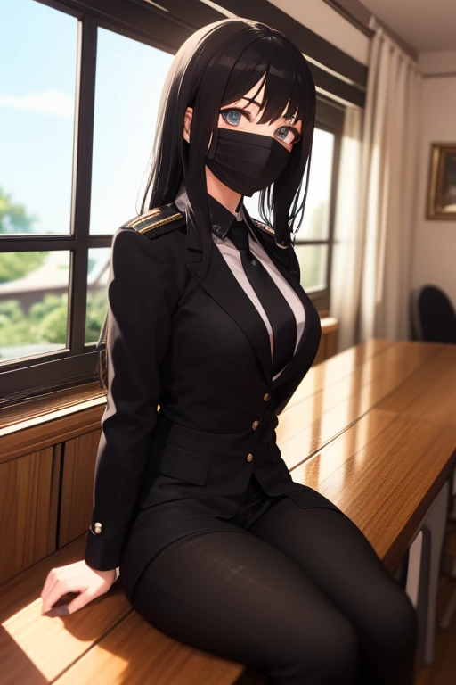 18 year old goth girl wearing black mask, cabelo preto com mechas vermelhas, sala de aula, sentada em uma carteira, looking at the camera, corpo inteiro, uniforme escolar preto, gargantilha