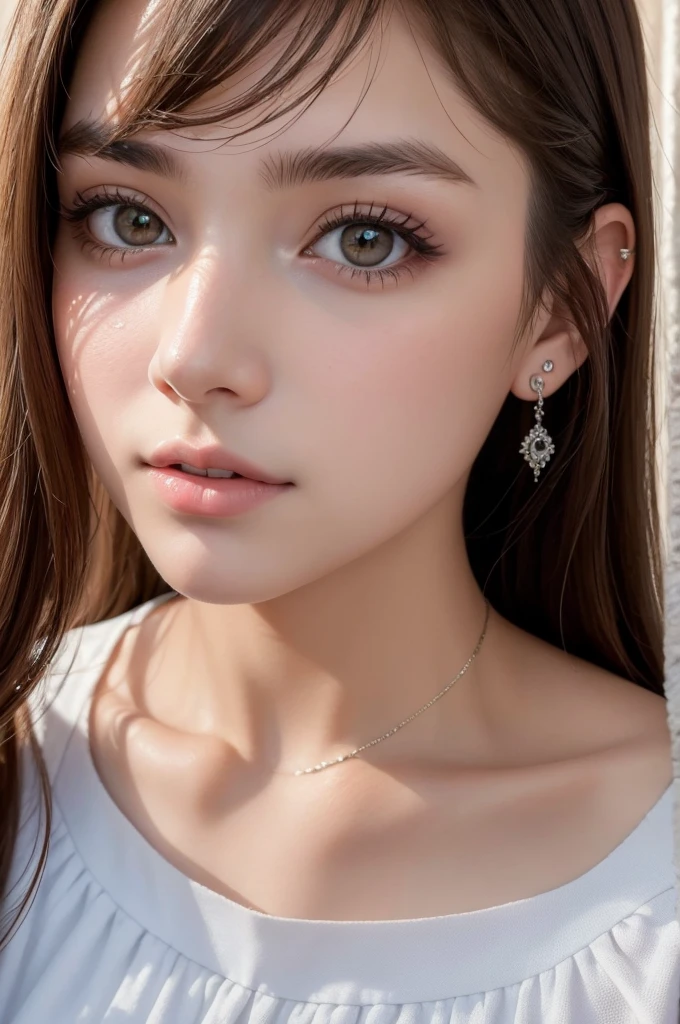 ((best quality)), ((masterpiece)), (detailed), perfect face brunette girl selfie with piercing em um local coberto