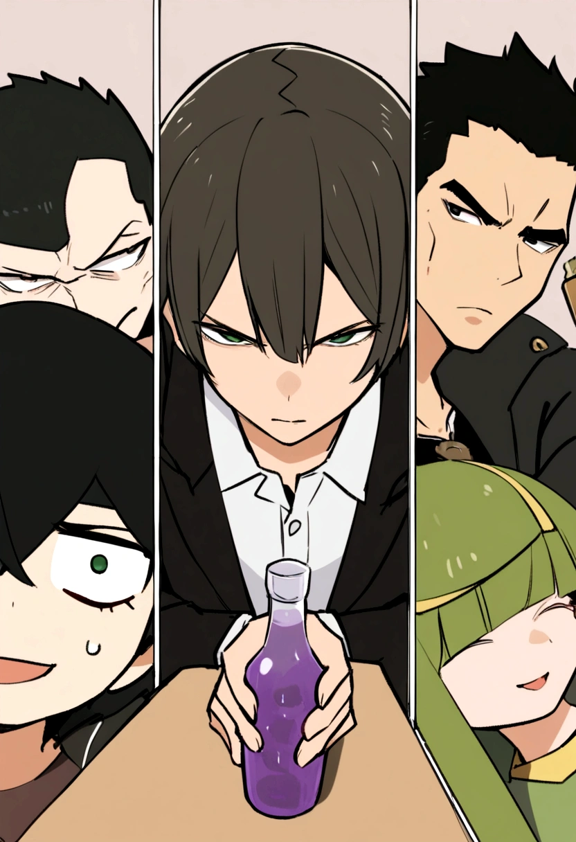 Obra maestra,alta calidad,high resolution,solo,1 chico,Hijikata,enfoque masculino,ojos amarillos,pelo negro con subtonos verdes y largo, session,mesa,cena,tenencia,botella de mayonesa,chaleco negro,Camisa negra