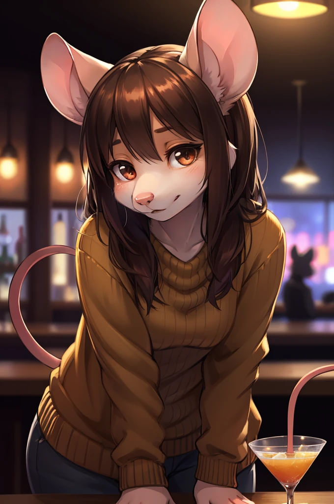 rough sketch style , Hallucination, daydream , nightmare , Insane Dream , bokeh , erotica , realistic Japanese female mouse , round face , Seductive eyes , (open clothes by hands) , realistic long nose , hair tie , Bar, Cocktails , cheese , sweater , Lean forward