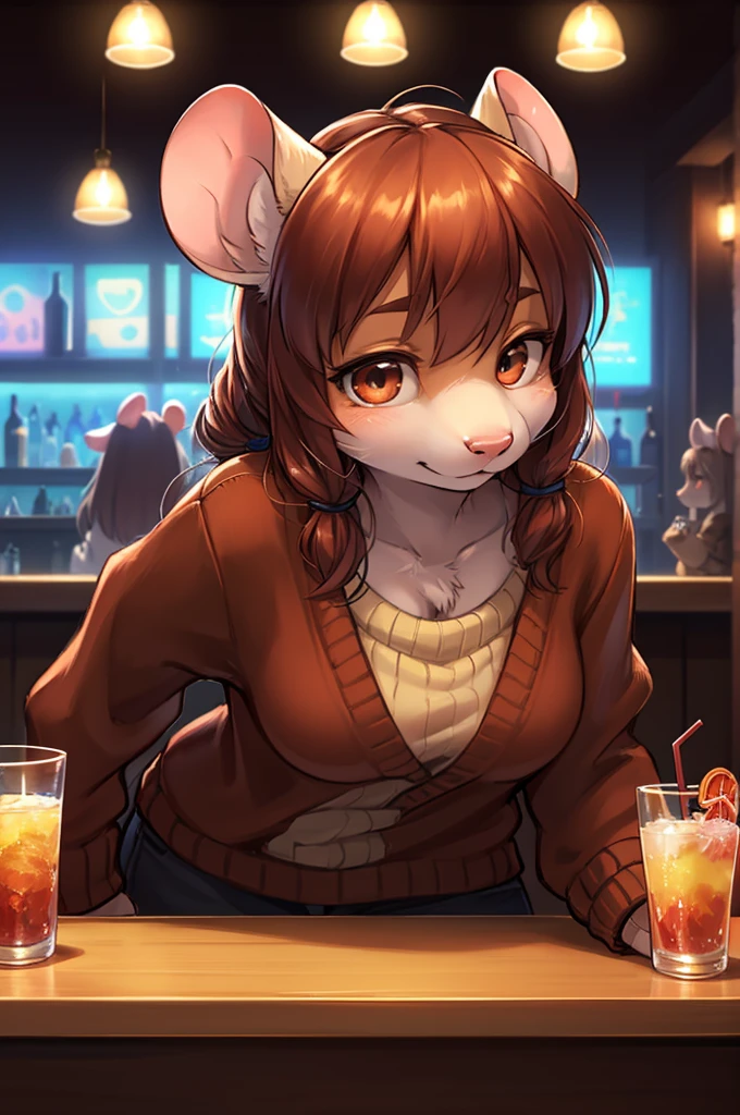 rough sketch style , Hallucination, daydream , nightmare , Insane Dream , bokeh , erotica , realistic Japanese female mouse , round face , Seductive eyes , (open clothes by hands) , realistic long nose , hair tie , Bar, Cocktails , cheese , sweater , Lean forward