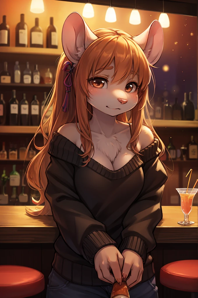 rough sketch style , Hallucination, daydream , nightmare , Insane Dream , bokeh , erotica , realistic Japanese female mouse , round face , Seductive eyes , (open clothes by hands) , realistic long nose , hair tie , Bar, Cocktails , cheese , sweater , Lean forward
