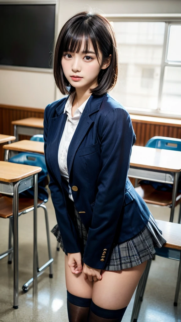 masterpiece, best quality, illustration, Super detailed, fine details, High resolution, 8K,wall paper, perfect dynamic composition,(Details High quality, realistic depiction of eyes:1.3), from side, High School Classroom、High school girl uniform、blazer 、Super Short Check Uniform Skirt、Navy blue high socks、garterbelts、Large swollen breasts, Disturbed uniform, short bob hair, black hair color, huge breasts, Big Natural Color Lip, bold sexy pose, perfect body shape, crying a little、Harajuku style、20 year old girl、cute type, beautiful legs, hposing Gravure Idol