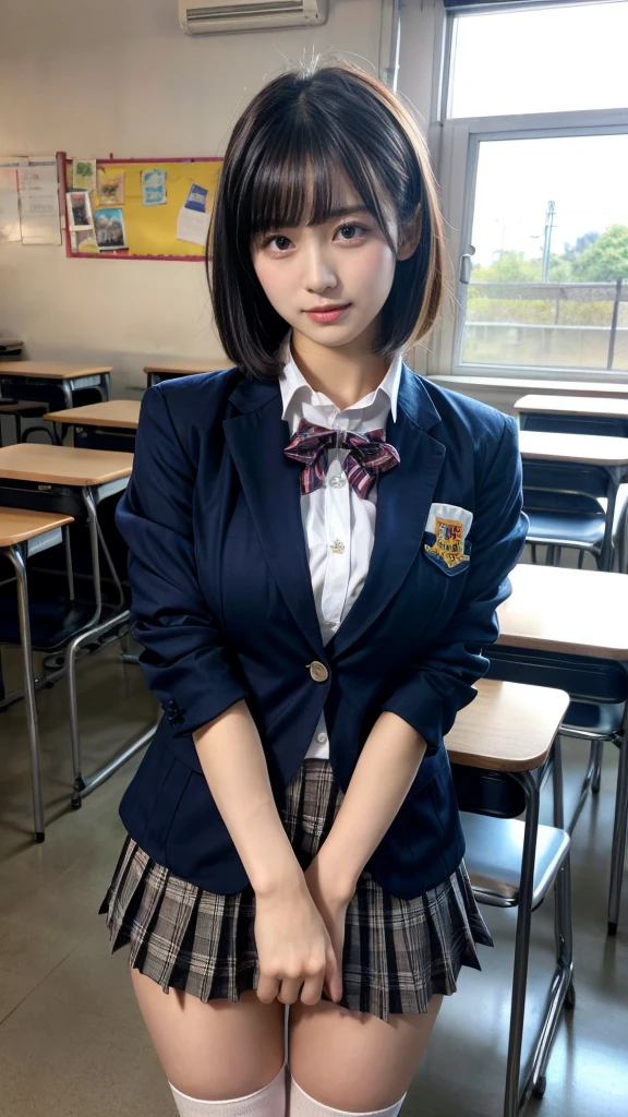 masterpiece, best quality, illustration, Super detailed, fine details, High resolution, 8K,wall paper, perfect dynamic composition,(Details High quality, realistic depiction of eyes:1.3), High School Classroom、High school girl uniform、blazer 、Super Short Check Uniform Skirt、Navy blue high socks、garterbelts、Large swollen breasts, Disturbed uniform,  short bob hair, black hair color, huge breasts, Big Natural Color Lip, bold sexy pose, perfect body shape, crying a little、Harajuku style、20 year old girl、cute type, beautiful legs, hposing Gravure Idol