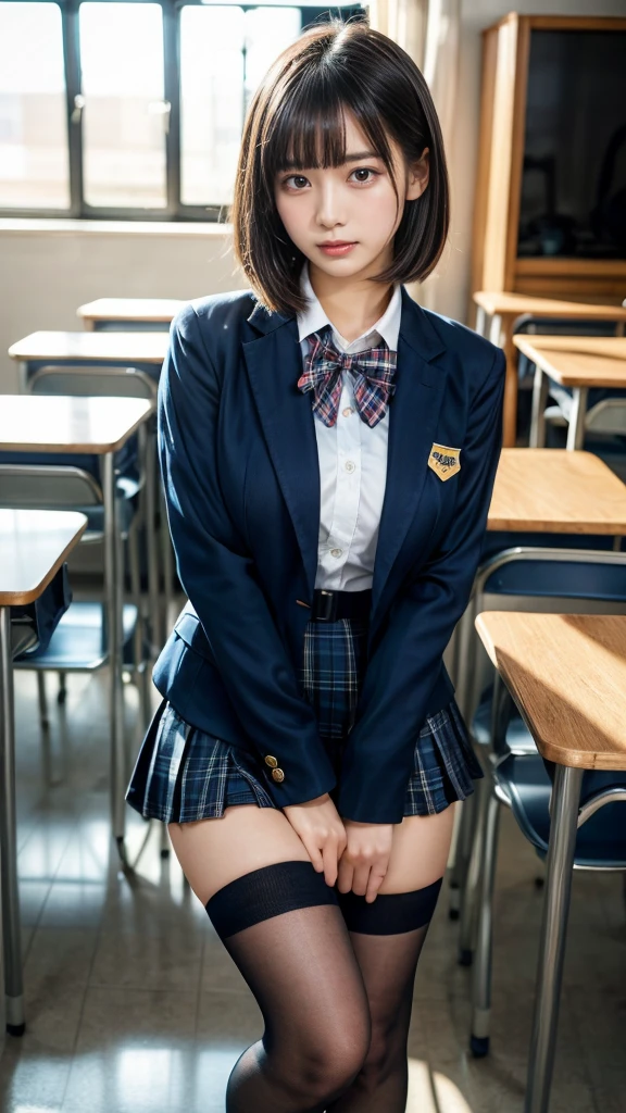 masterpiece, best quality, illustration, Super detailed, fine details, High resolution, 8K,wall paper, perfect dynamic composition,(Details High quality, realistic depiction of eyes:1.3), High School Classroom、High school girl uniform、blazer 、Super Short Check Uniform Skirt、Navy blue high socks、garterbelts、Large swollen breasts, Disturbed uniform,  short bob hair, black hair color, huge breasts, Big Natural Color Lip, bold sexy pose, perfect body shape, crying a little、Harajuku style、20 year old girl、cute type, beautiful legs, hposing Gravure Idol