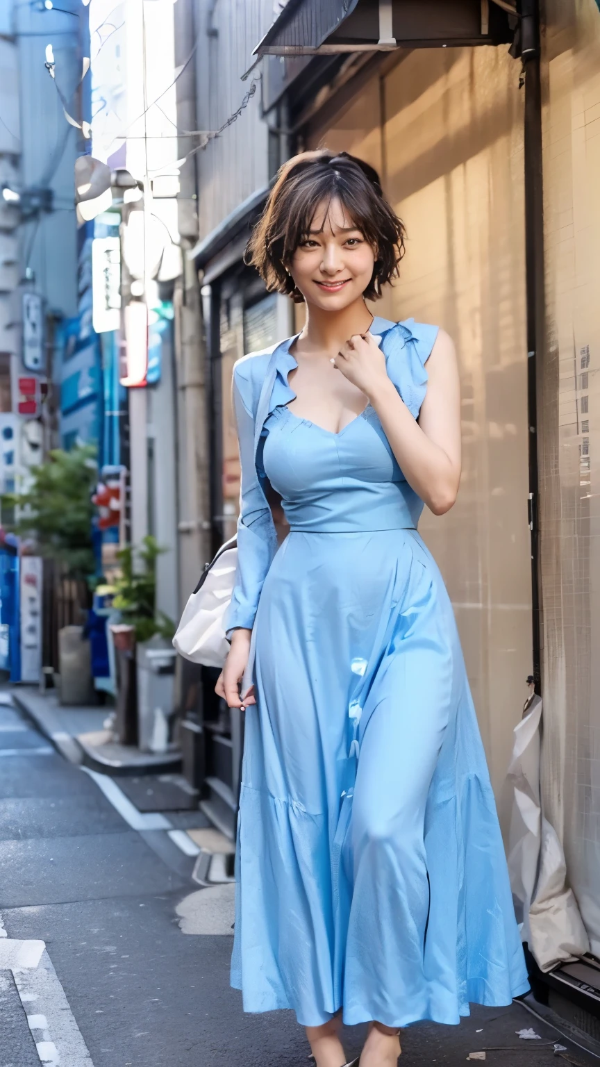 (((Tokyo Street:1.5))、Woman walking in the city:1.3、The background is the street)、(Realistic、Like a photograph、Live Action、8k, Realistic, RAW Photos, Best image quality: 1.4), Single-lens reflex camera、RAW Photos, Highest quality, Realistic, Very detailedな CG Unity 8k 壁紙, Written boundary depth, Cinematic Light, Lens flare, Ray Tracing, Realistic background、(Paisura:1.3，Bag strap between chest、(A light blue dress that fits perfectly、A dress that shows off your body lines、Long skirt、White flared skirt:1.2)、Large Breasts:1.3))、((Ultra-Dense Skin))、 1 female,cute japanese gal、((whole body:1.5)，look up:1.1、smile、(short hair、Blonde:1.3、Hair blowing in the wind)、I like that style、stylish、Very detailed、Pay attention to the details、Perfect outfit、(White skin)、Beautiful legs:1.1，Anatomically correct body、Accurate Fingers、Are standing、View from below