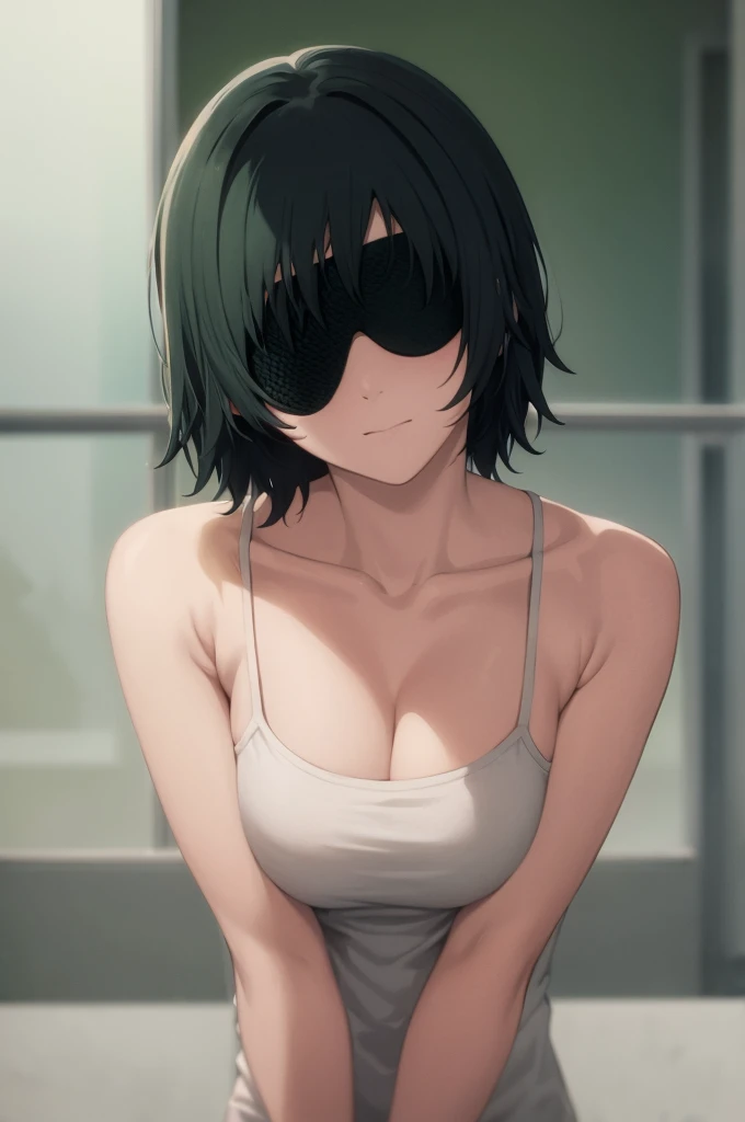 masterpiece, best quality,1girl, alone,eyepatch, himeno (chainsaw man), solo, cigarette, tank top, breasts, smoking, black hair, short hair, simple background, medium breasts, cleavage, white tank top, collarbone, upper body, shirt, green background, white shirt, bare shoulders