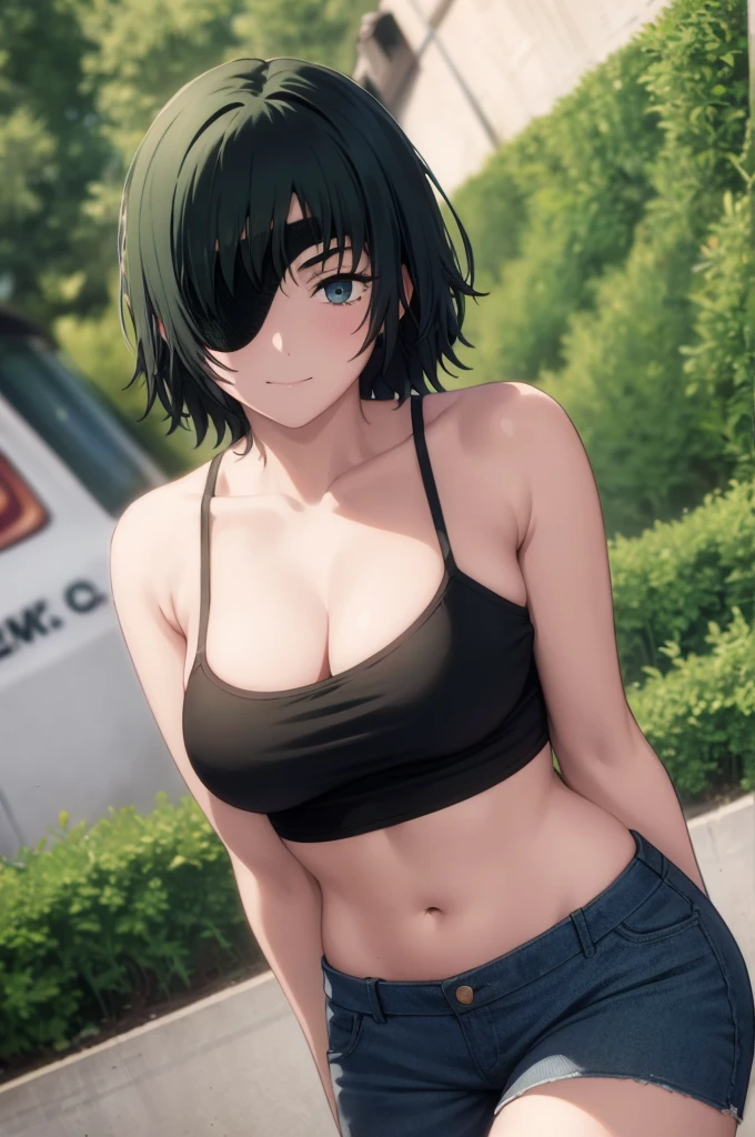 masterpiece, best quality,1girl, alone,eyepatch, himeno (chainsaw man), solo, cigarette, tank top, breasts, smoking, black hair, short hair, simple background, medium breasts, cleavage, white tank top, collarbone, upper body, shirt, green background, white shirt, bare shoulders