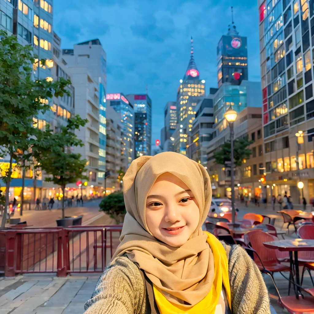 A hijab girl taking a selfie with a cheerful smile on her face, the background showing a vibrant cityscape with tall buildings and glowing streetlights