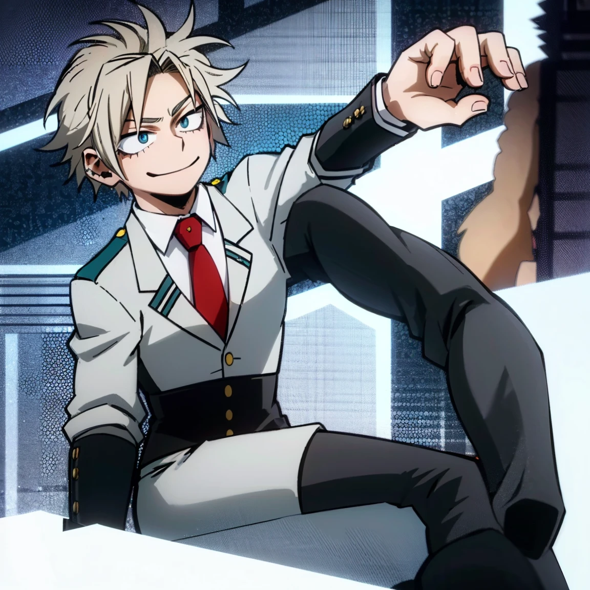 1boy, male focus, boku no hero academia, masterpiece, best quality, very aesthetic, muscular body, neat spikier on each end hair, blonde hair, blue eyes, smirk, gray jacket, red tie, white shirt, teal pants, boots