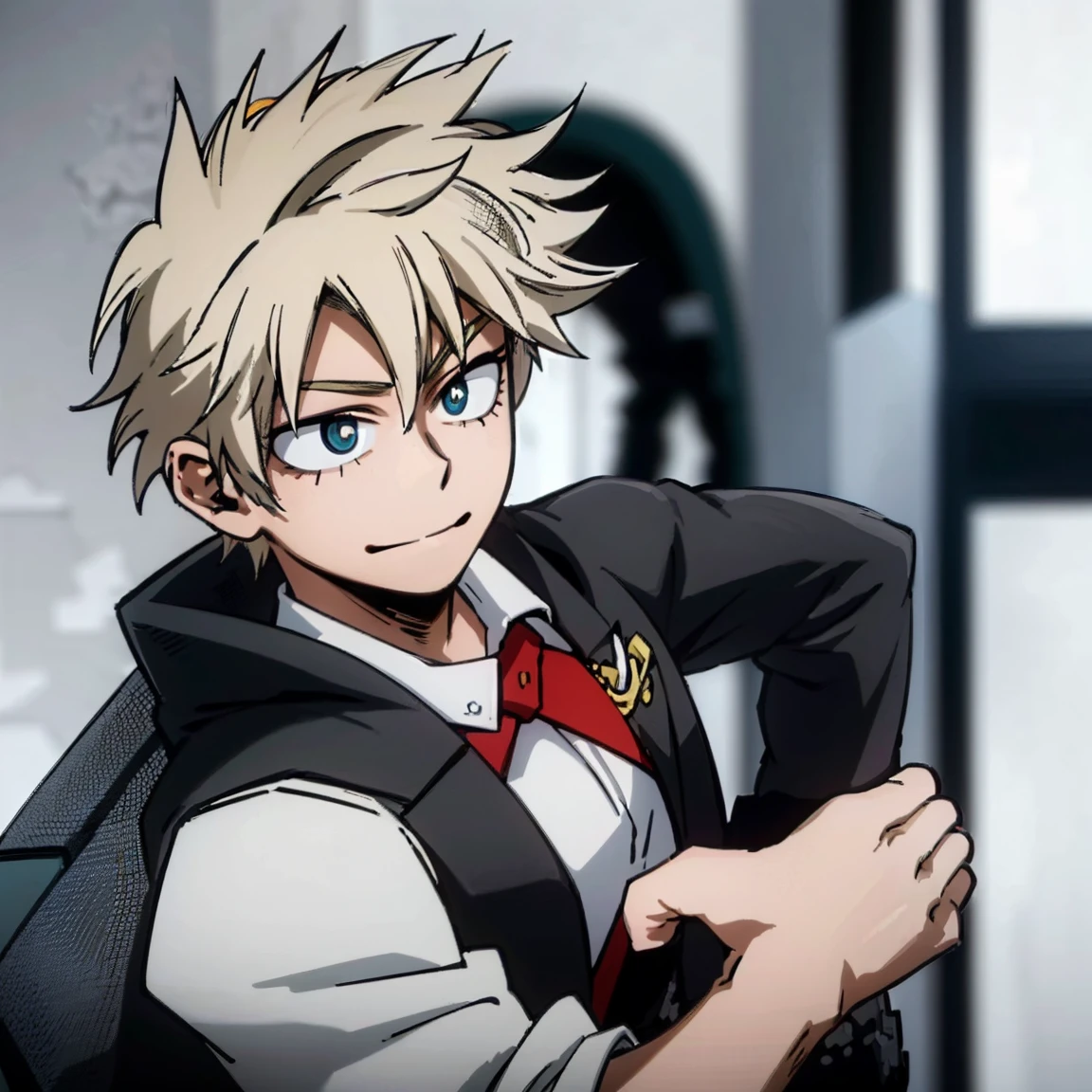 1boy, male focus, boku no hero academia, masterpiece, best quality, very aesthetic, muscular body, neat spikier on each end hair, blonde hair, blue eyes, smirk, gray jacket, red tie, white shirt, teal pants, boots