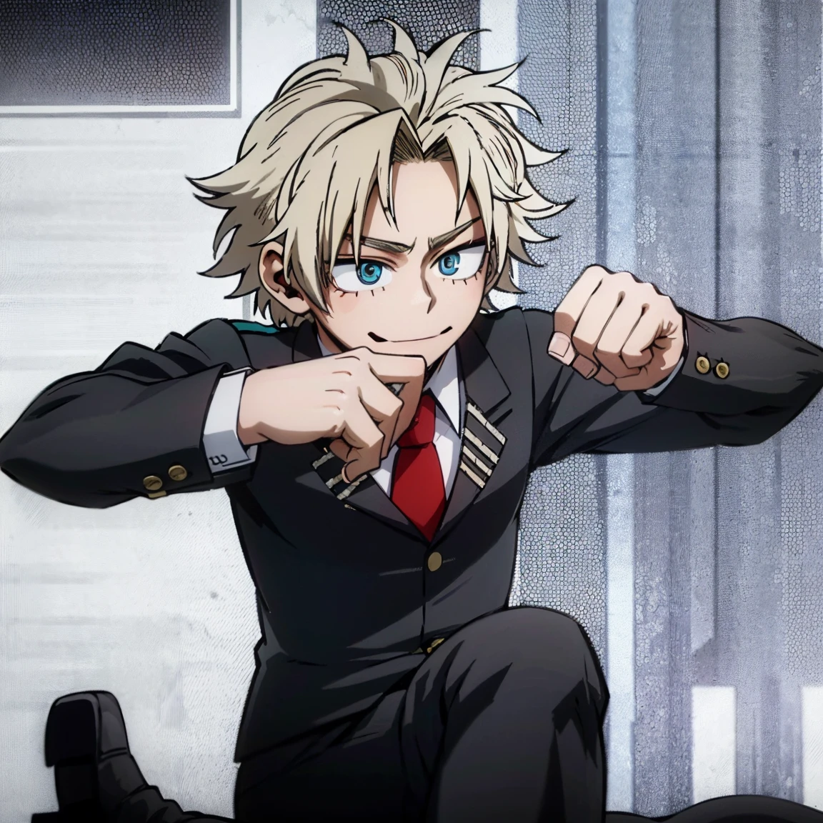 1boy, male focus, boku no hero academia, masterpiece, best quality, very aesthetic, muscular body, neat spikier on each end hair, blonde hair, blue eyes, smirk, gray jacket, red tie, white shirt, teal pants, boots