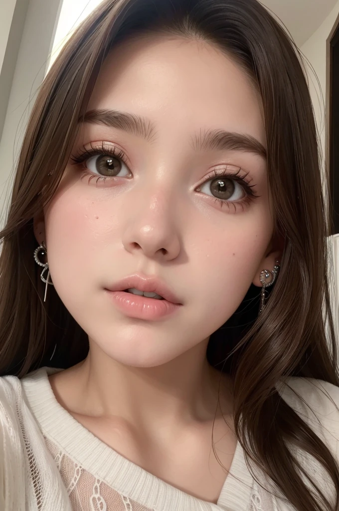 ((best quality)), ((masterpiece)), (detailed), perfect face brunette teen girl selfie with piercing em um local coberto com piercing no nariz e labios