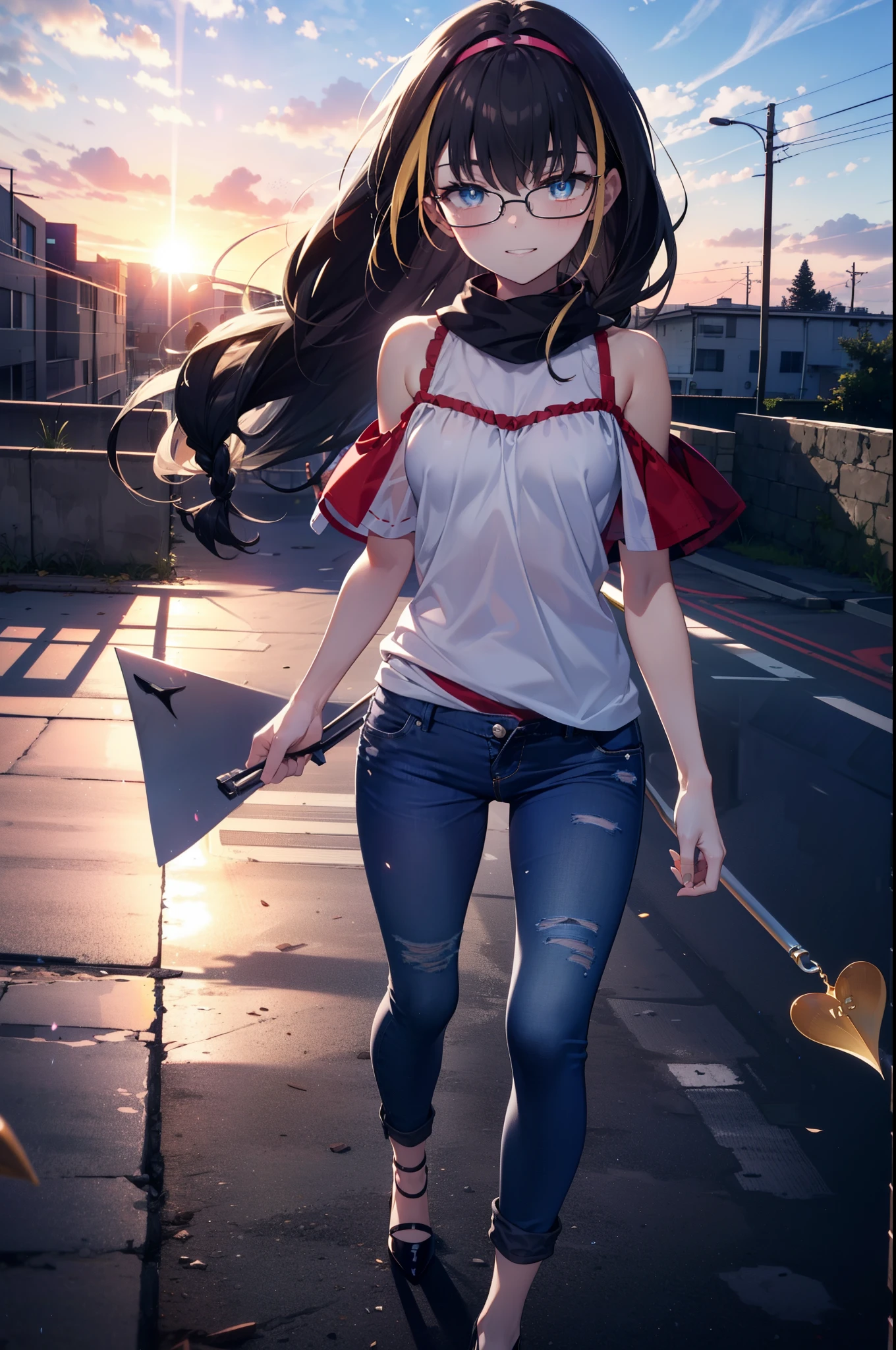 small, small, Black Hair, blue eyes, demon tail, hair band, Long Hair, mechanical tail, Multicolored Hair, tail, smile,Grin,tooth,Black-rimmed glasses,Cold shoulder tops,Short sleeve,Skinny jeans,Stiletto heels,morning,morning陽,The sun is rising,Walking,whole bodyがイラストに入るように,
break looking at viewer, whole body,
break outdoors,Building district,
break (masterpiece:1.2), Highest quality, High resolution, unity 8k wallpaper, (figure:0.8), (beautiful detailed eyes:1.6), extremely detailed face, Perfect lighting, extremely detailed CG, (Perfect hands, Perfect Anatomy),