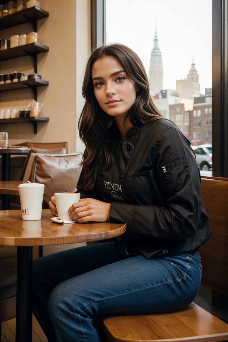 une mannequin Instagram poses à New York, dans des vêtements modernes, sitting in a cafe&#39;exterior in Amsterdam, tout le corps, beaux yeux detaileds, lèvres magnifiquement detailedes, yeux et visage extrêmement detaileds, court, belle rose Haar ((best quality)), ((Chef-d&#39;artwork)), (detailed), visage parfait, 
