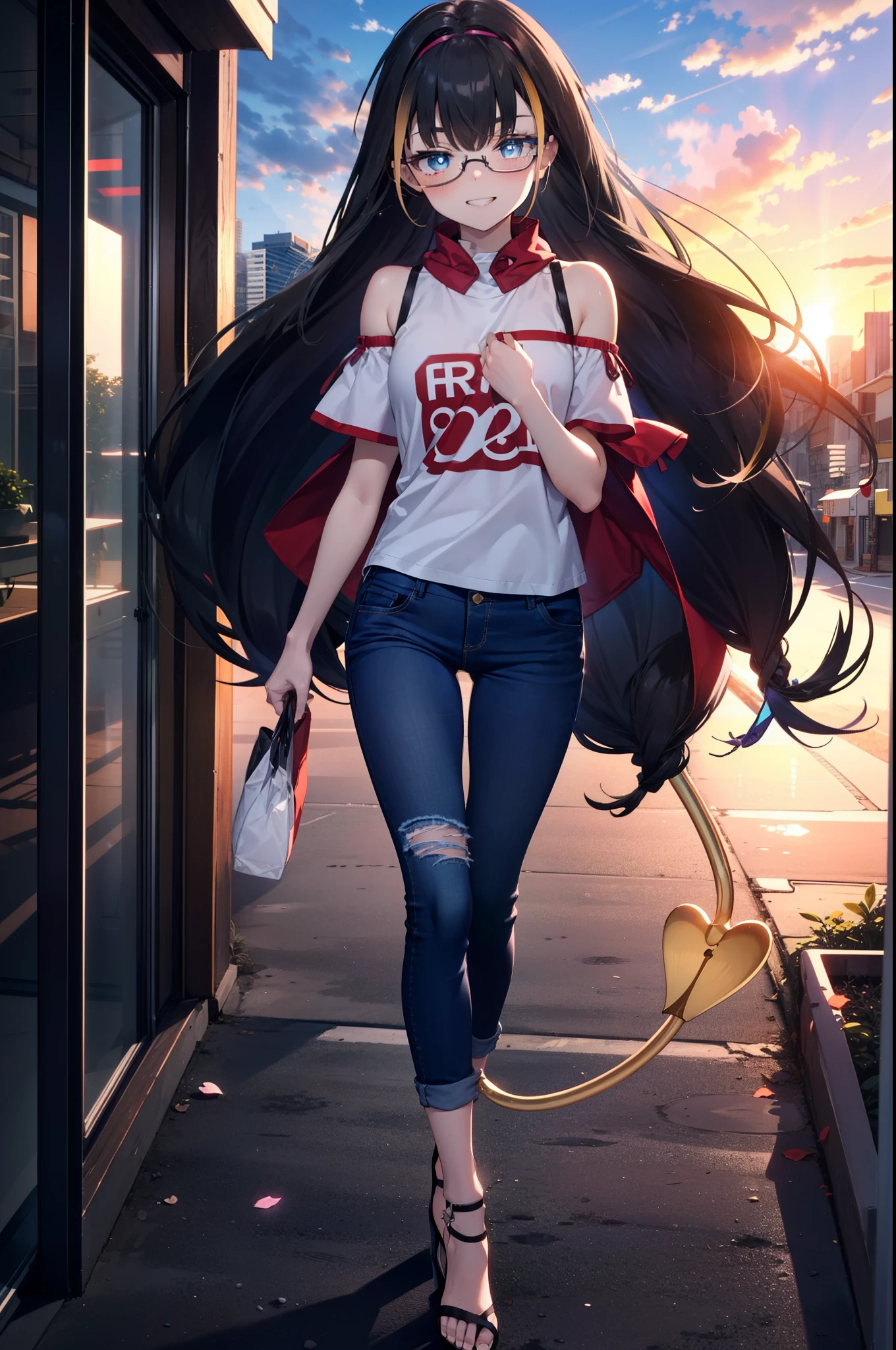 small, small, Black Hair, blue eyes, demon tail, hair band, Long Hair, mechanical tail, Multicolored Hair, tail, smile,Grin,tooth,Black-rimmed glasses,Cold shoulder tops,Short sleeve,Skinny jeans,Stiletto heels,morning,morning陽,The sun is rising,Walking,whole bodyがイラストに入るように,
break looking at viewer, whole body,
break outdoors,Building district,
break (masterpiece:1.2), Highest quality, High resolution, unity 8k wallpaper, (figure:0.8), (beautiful detailed eyes:1.6), extremely detailed face, Perfect lighting, extremely detailed CG, (Perfect hands, Perfect Anatomy),