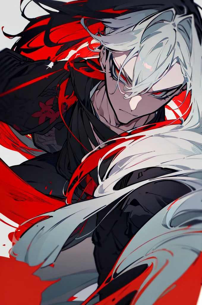 a close up of a person with a sword and a guy with a red dress, handsome guy in demon slayer art, best anime character design, detailed anime character art, anime character; full body art, anime character design a death god, character adoptable, handsome japanese demon boy, bloody + concept art, official character art, onmyoji detailed art, beautiful male god of death a close up of a person in a black dress with a gold belt, flowing white robes, white haired deity, genshin impact character, golden-black robes, picture of a male samurai and death god, d&d dark sun character art, official character art, portrait of ororo munroe, holding a katana, holding a katana, holding a katana, holding a katana, holding a katana, bloody, bloody, bloody, bloody, red effects, red effects, red effects, black and white hair, black and white hair, black and white hair, black and white hair, black and white hair