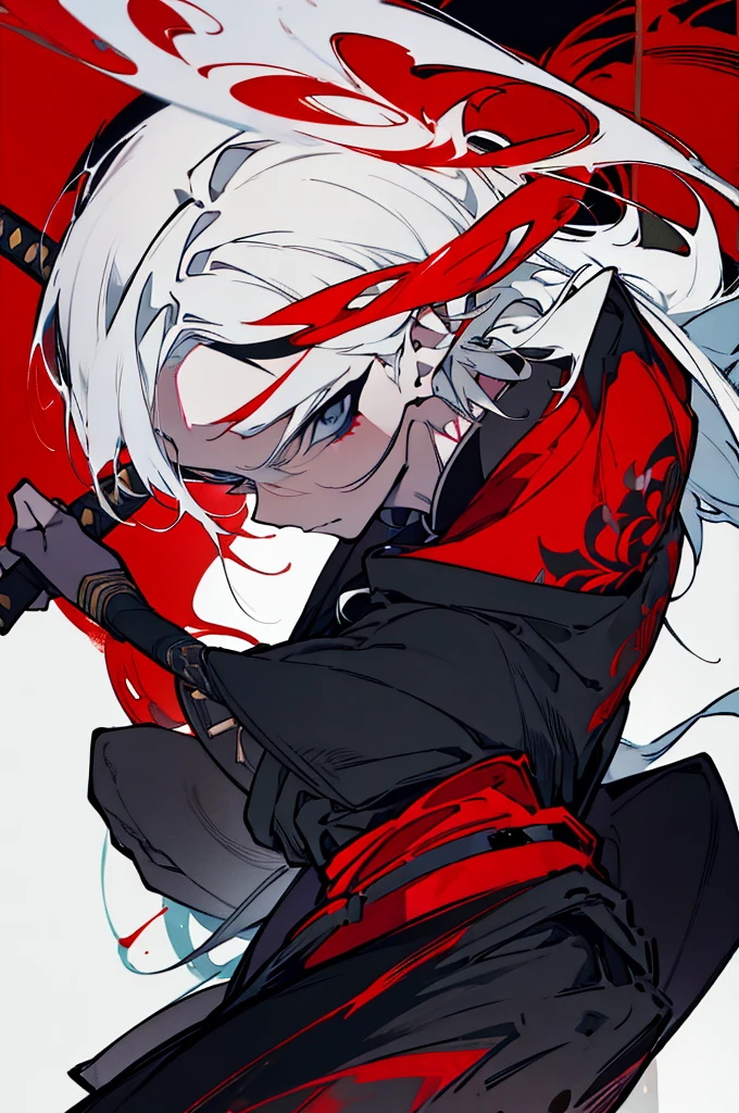 a close up of a person with a sword and a guy with a red dress, handsome guy in demon slayer art, best anime character design, detailed anime character art, anime character; full body art, anime character design a death god, character adoptable, handsome japanese demon boy, bloody + concept art, official character art, onmyoji detailed art, beautiful male god of death a close up of a person in a black dress with a gold belt, flowing white robes, white haired deity, genshin impact character, golden-black robes, picture of a male samurai and death god, d&d dark sun character art, official character art, portrait of ororo munroe, holding a katana, holding a katana, holding a katana, holding a katana, holding a katana, bloody, bloody, bloody, bloody, red effects, red effects, red effects, black and white hair, black and white hair, black and white hair, black and white hair, black and white hair