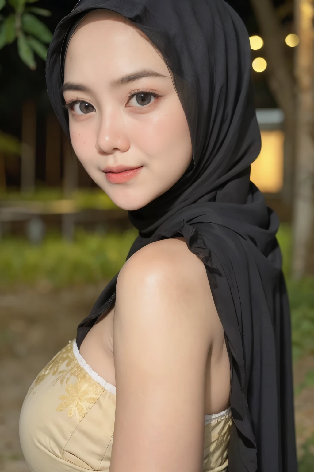 ((FLAT CHEST:1.6)), (Happy smile), (((STYLISH LONG HIJAB MALAY GIRL))), masutepiece, High quality, UHD 32K, Realistic face, Realistic skin feeling , A Japanese Lady, 58 years old matured lady, , Very cute and baby-like face, (((FLAT CHEST))), (Night time at forest), ((look In front  at the camera and SADNESS)), (((WHITE FLUORESCENT))), (((CUTE GIRL))), ((LIGHT GREEN FLUORESCENT LIPS)), ((Floral Pattern)) little wearing strapless bra, strapless colorful bra, dark night background , black forest night, horror scary place, (from behind up) seductive pose