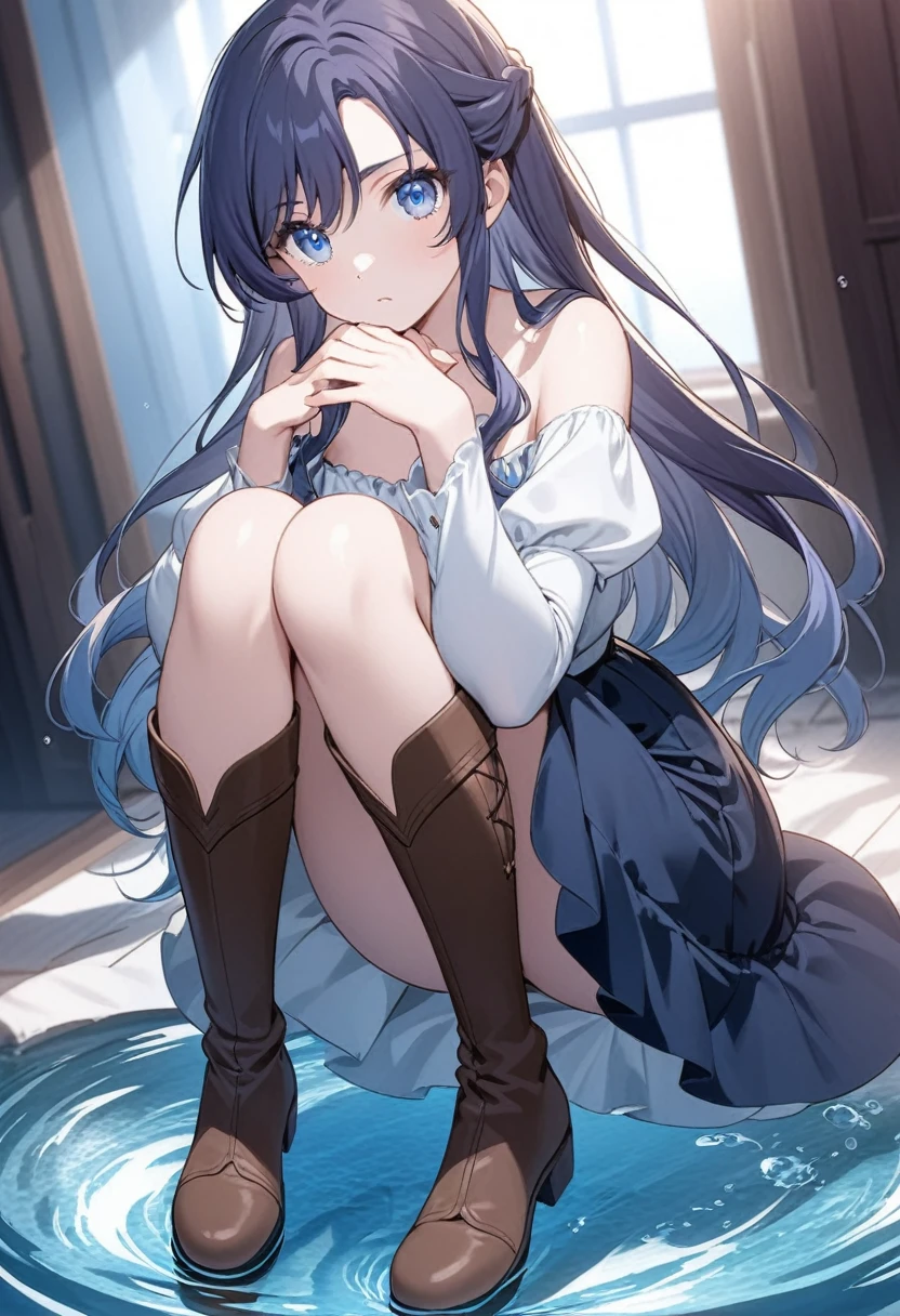 20 years old anime girl, with short dark blue hair to the shoulders, a serious yet tender expression, and bright light blue eyes. She dresses in an antique style, wearing a long dark blue skirt that reaches her knees, and small dark brown boots up to her ankles. Her white blouse is long-sleeved, covering her fingers slightly, and falls off one shoulder, leaving it exposed. She possesses water powers and has a water-themed background. 