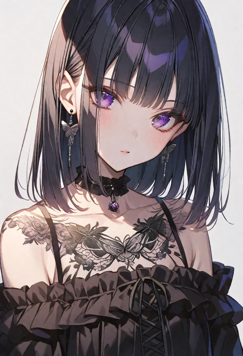 solo, handsome,
1. Female,
Hime cut,Straight Hair,Bob Hair,
black hair,
Nakano Yotsuba,
purple Eyes,Soft look,Lolita,butterfly Tattoo,Lots of black earrings,choker,
black Off Shoulder,Thin knit,
skin,Black Rose,
black background,