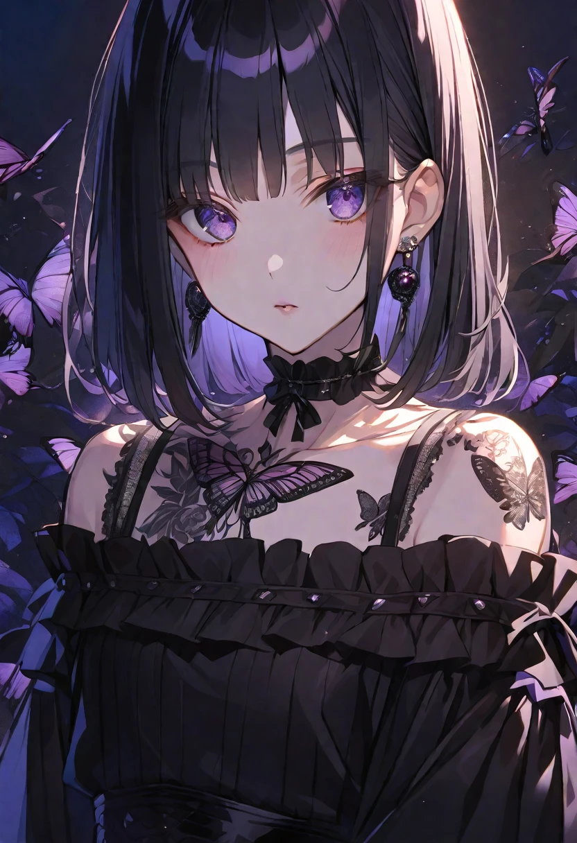 solo, handsome, 
1. Female,
Hime cut,Straight Hair,Bob Hair, 
black hair, 
Nakano Yotsuba,
purple Eyes,Soft look,Lolita,butterfly Tattoo,Lots of black earrings,choker,
black Off Shoulder,Thin knit,
skin,Black Rose,
black  background,