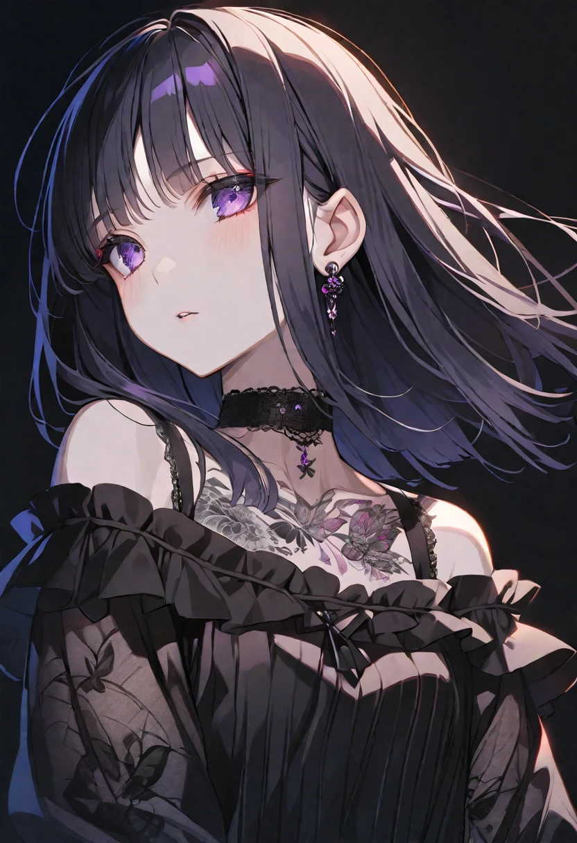 solo, handsome,
1. Female,
Hime cut,Straight Hair,Bob Hair,
black hair,
Nakano Yotsuba,
purple Eyes,Soft look,ta,butterfly Tattoo,Lots of black earrings,choker,
black Off Shoulder,Thin knit,
skin,Black Rose,
black background,