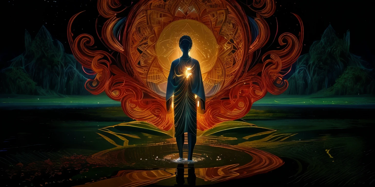 Create a mystical 4K image of an individual standing beside a serene lake. The individual's reflection in the calm, clear water should show an illuminated figure or an angelic being, symbolizing self-acceptance and self-love. In the center of the figure's chest, there should be a glowing heart, radiating warmth and compassion. The lake's water must be calm and pristine, reflecting a sense of clarity and inner peace. The overall scene should convey tranquility and a deep spiritual connection.