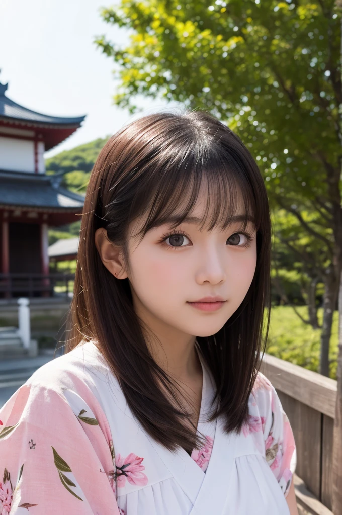 (1 Girl )、(Beautiful Japanese、18years old,round face、Refreshing、clear、seems kind、stylish、Pitiful、cute like an angel、cute、black eyes、,actress,Almond-shaped eyes,Translucent white skin、Beautiful skin), Japan human face , (((Beautiful breasts:0.4))),(((soft breasts))),(very cute),(Black hair),(enchanting eyes),(highlight on eyes:1.2)、(8K、Live shooting、highest quality、masterpiece:1.2、optimal lighting)、((masterpiece)),(Photo taken by a professional photographer),(real、photo real:1.4),break,{ (Japanese Yukata),((pink pattern))},(cheeks are red:1.3), break, break,Face shot:1.3、 face close-up,Looking at viewer、From above,happy,Lonely face,,Japanese countryside shrine,evening、Japanese countryside,evening、sunset、(Cleavage:0.1)