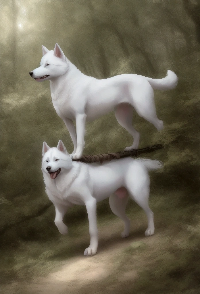 White dog riding on a white Siberian husky in the forest.Rin々A good appearance