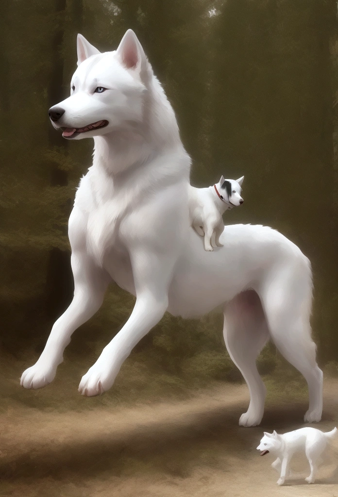 White dog riding on a white Siberian husky in the forest.Rin々A good appearance