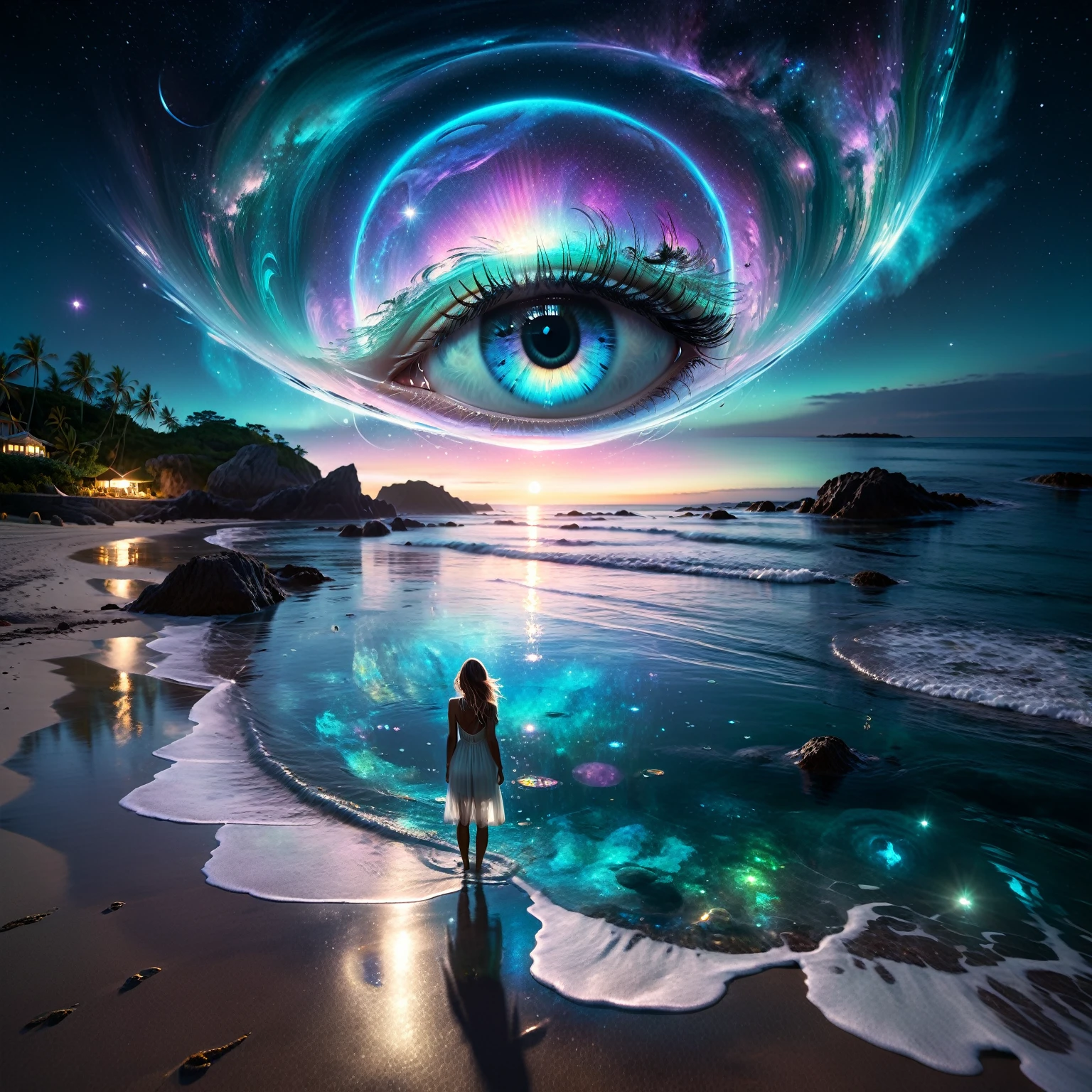 (( maximum resolution of 16K):1.6),((Doux_couleur_photographie:)1.5), ((ultra-detailed):1.4),((Images fixes et angles dynamiques dignes d un film):1.3), ((ultra grand angle):1.5),((photo d objectif fisheye):1.3).. a surreal night scene with a cosmic twist. dark atmosphere vivid colour, From a higher vantage point, capture a pristine beach with a bioluminescent and crystalline sea. The night sky is filled with a majestic swirling galaxy, forming a giant, detailed eye in the sky. The eye's vibrant colors reflect beautifully on the bioluminescent and crystal-clear water below. Along the shore, an ethereal woman with floating hair and a floating, transparent white dress stands contemplating the wonders of the universe. bioluminescent water, gazing up at the cosmic eye. Ensure the reflections of the eye and the cosmos are vividly visible on the sea's surface.The overall dark atmosphere should be ethereal and mesmerizing, highlighting the tranquility and mystery of the night. in 4K resolution. ((tyndtous effect):1.1), ((exotic night sky):1.2), ((sense of discovery):1.1), (shimmer), (visual experience), (realism), (realistic), award-winning graphics, dark shot, film grain, extremely detailed, digital art, RTX, unreal engine, scene concept anti-glare effect, All captured in sharp focus.