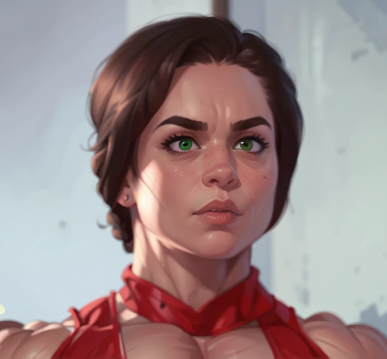 (masterpiece:1.2), (best quality), (ultra detailed), (8k, 4k, intricate),(full-body-shot:1), (highly detailed:1.2),(detailed face:1.2), (detailed background), eastern european muscle woman with dark hair in a bun wearing red tank top with massive muscle sarms by her side, woman with huge muscles, green eyes,



