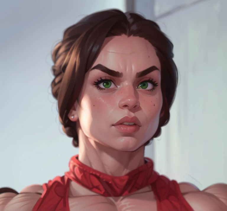 (masterpiece:1.2), (best quality), (ultra detailed), (8k, 4k, intricate),(full-body-shot:1), (highly detailed:1.2),(detailed face:1.2), (detailed background), eastern european muscle woman with dark hair in a bun wearing red tank top with massive muscle sarms by her side, woman with huge muscles, green eyes,



