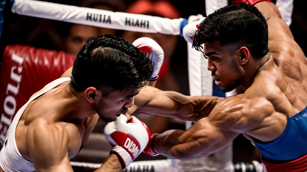 homem de 30 anos, lutador de boxe, vertical view, num ringue