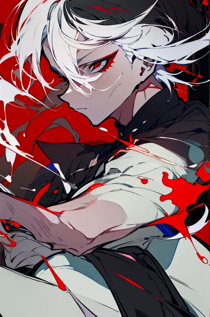 a close up of a person with a sword and a guy with a red dress, handsome guy in demon slayer art, best anime character design, detailed anime character art, anime character; full body art, anime character design a death god, character adoptable, handsome japanese demon boy, bloody + concept art, official character art, onmyoji detailed art, beautiful male god of death a close up of a person in a black dress with a gold belt, flowing white robes, white haired deity, genshin impact character, golden-black robes, picture of a male samurai and death god, d&d dark sun character art, official character art, portrait of ororo munroe, holding a katana, holding a katana, holding a katana, holding a katana, holding a katana, bloody, bloody, bloody, bloody, red and golden effects, red and golden effects, red effects, golden effects, black and white hair, black and white hair, black and white hair, black and white hair, black and white hair