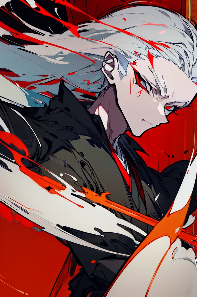 a close up of a person with a sword and a guy with a red dress, handsome guy in demon slayer art, best anime character design, detailed anime character art, anime character; full body art, anime character design a death god, character adoptable, handsome japanese demon boy, bloody + concept art, official character art, onmyoji detailed art, beautiful male god of death a close up of a person in a black dress with a gold belt, flowing white robes, white haired deity, genshin impact character, golden-black robes, picture of a male samurai and death god, d&d dark sun character art, official character art, portrait of ororo munroe, holding a katana, holding a katana, holding a katana, holding a katana, holding a katana, bloody, bloody, bloody, bloody, red and golden effects, red and golden effects, red effects, golden effects, black and white hair, black and white hair, black and white hair, black and white hair, black and white hair