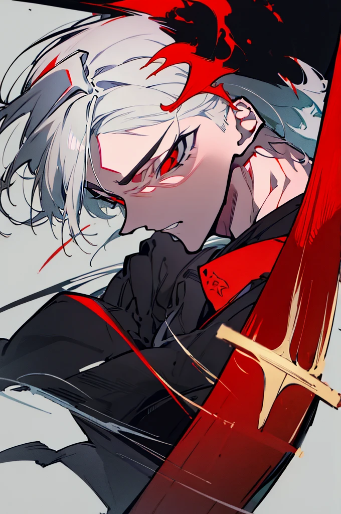 a close up of a person with a sword and a guy with a red dress, handsome guy in demon slayer art, best anime character design, detailed anime character art, anime character; full body art, anime character design a death god, character adoptable, handsome japanese demon boy, bloody + concept art, official character art, onmyoji detailed art, beautiful male god of death a close up of a person in a black dress with a gold belt, flowing white robes, white haired deity, genshin impact character, golden-black robes, picture of a male samurai and death god, d&d dark sun character art, official character art, portrait of ororo munroe, holding a katana, holding a katana, holding a katana, holding a katana, holding a katana, bloody, bloody, bloody, bloody, red and golden effects, red and golden effects, red effects, golden effects, black and white hair, black and white hair, black and white hair, black and white hair, black and white hair